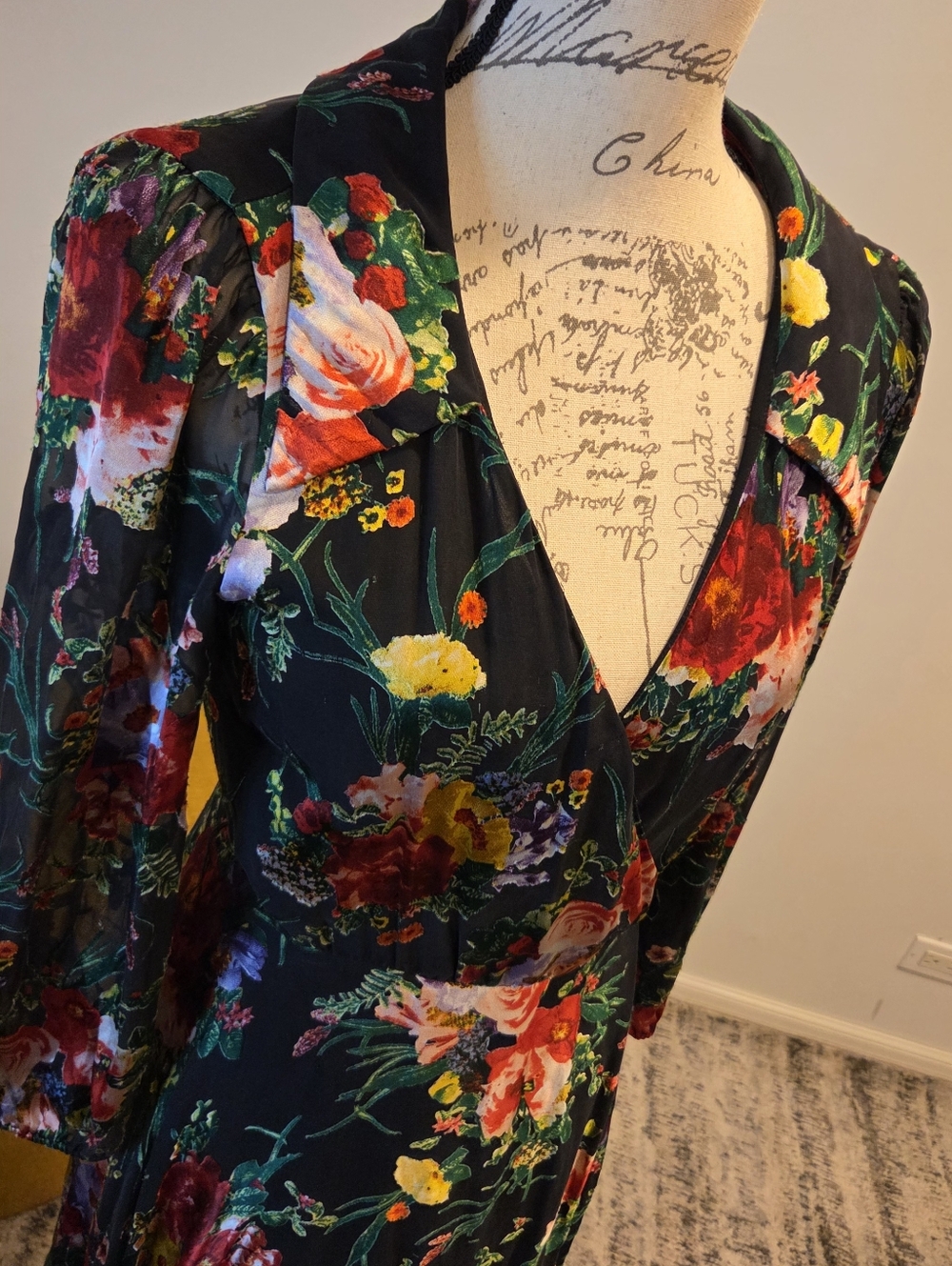 Alice + Olivia Black Floral Wrap Midi Dress with Red & Green Accents, Size 4. - Picture 12 of 16